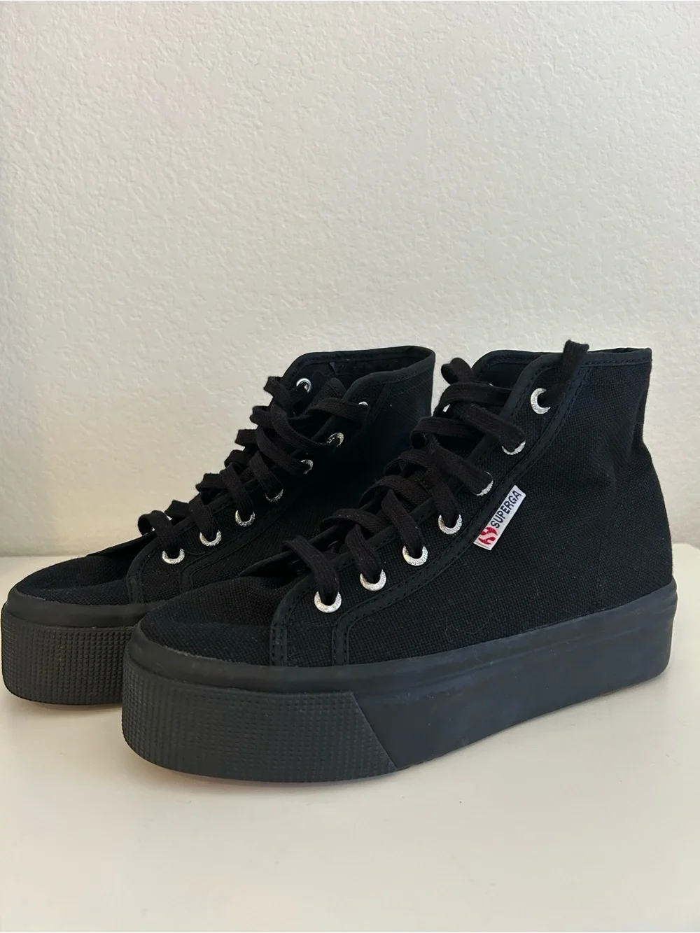 Superga High-Top Black Canvas Platform Sneakers with Black Soles, Women Size 7.5